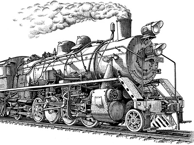 Locomotive black and white engraving illustration scratchboard train woodcut