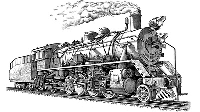 Locomotive black and white engraving illustration scratchboard train woodcut