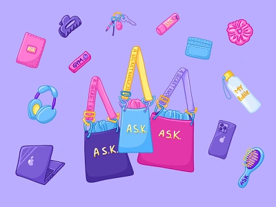 Girls brand illustration accesories art comission artwork bag beauty brand illustration branding cartoon colorful cute digital art fashion girl handbag illustration illustrator procreate social media stickers woman