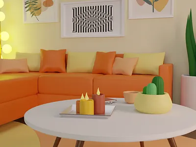 Sweet Room // 3d blender candles couch cozy design highpoly interieur isometric isometric room loopingpixeldesigns lowpoly orange room sofa