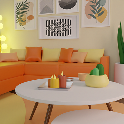 Sweet Room // 3d blender candles couch cozy design highpoly interieur isometric isometric room loopingpixeldesigns lowpoly orange room sofa