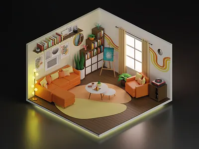 Sweet Room / 3d blender couch cozy design highpoly interieur isometric loopingpixeldesigns lowpoly orange room