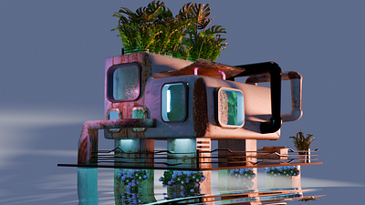 The house on the water 3d blender cozy cyberpunk house motion graphics sea