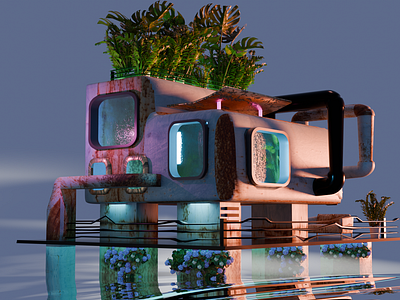 The house on the water 3d blender cozy cyberpunk house motion graphics sea