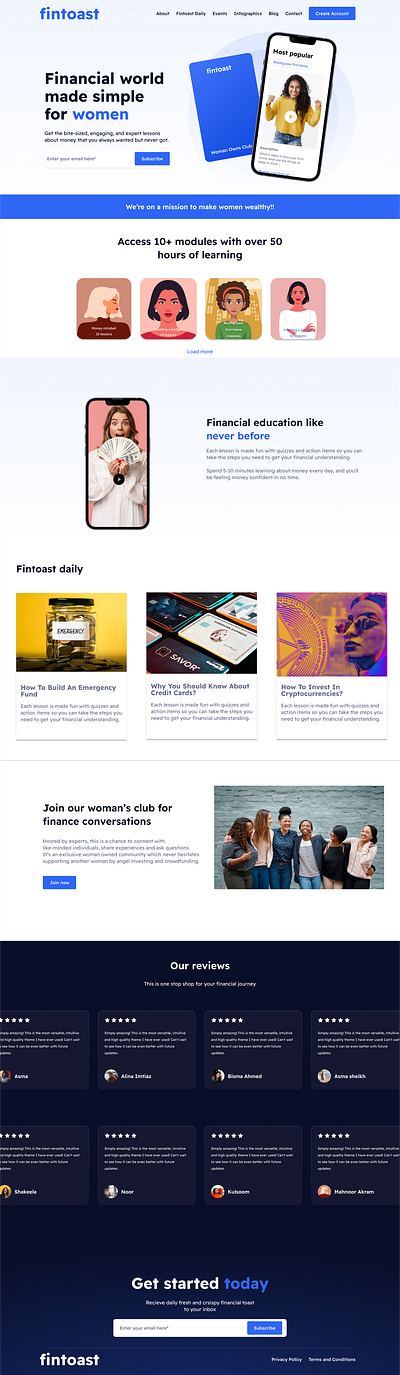 Fintoast's Landing Page animation branding design design hackathon education finance learning financial literacy finnacial website graphic design illustration ui user research ux women focussed