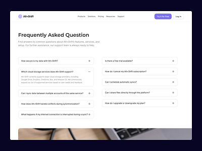 Frequently asked question (FAQ) answer cta design exploration digital design faq figma frequently asked questions help center landing page light mode minus navigation plus product design question saas ui ux web web design