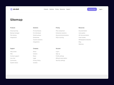 Sitemap button categories cta design exploration figma light mode links navigation pricing product design products resources saas sitemap solutions support ui ux web web design