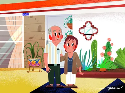 La casa de los abuelos cactus cartoon character color comission cute design flowers grand grandparents house illustration parents people