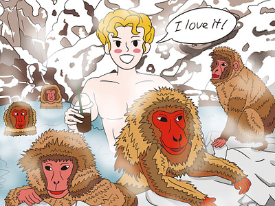 A hot spring bath with monkeys illustration animal artwork character drawing graphic design illustration japan korean monkey spring tour travel trip world