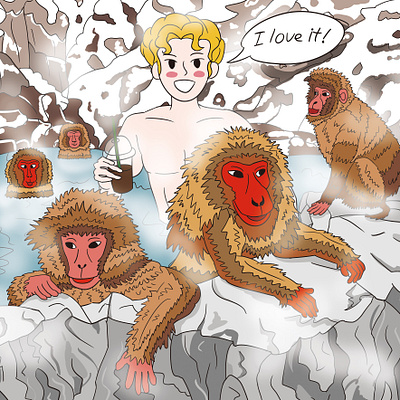 A hot spring bath with monkeys illustration animal artwork character drawing graphic design illustration japan korean monkey spring tour travel trip world