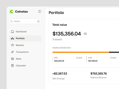 Coinstax | Crypto Portfolio clean clean dashboard crypto dashboard crypto investment crypto market crypto portfolio crypto portfolio tracker crypto ui crypto web app cryptocurrency portfolio dashboard design figma ui ui design user interface ux web app web3 dashboard