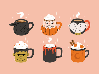 Halloween mugs set 4 cartoon character coffee concept cup design fall flat halloween illustration mug pumpkin vector