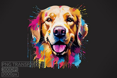 golden retriever looking Dog Sublimations, colored splashes 3d animation graphic design logo motion graphics ui