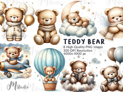 Watercolor teddy bear clipart bundle,Png 3d animation graphic design logo motion graphics ui