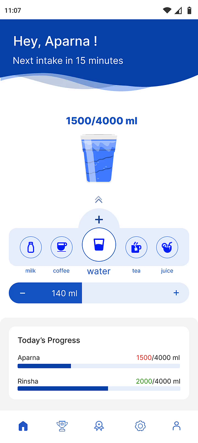 Liquid tracking app home page app design drinking app figma liquid tracker ui ux water reminder