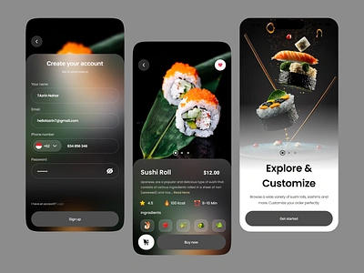 Food Delivery App UI app design dark mode ui delivery service food app food delivery food delivery app food ordering glassmorphism mobile app mobile ui modern ui restaurant app sushi sushi app ui