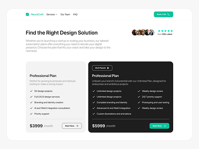 NeuraCraft - Pricing Plan branding call dark design design agency landing page pricing plan review ui ux website white