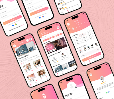Beauty App - Book your beautician add beauty app booking app calendar carousel facebook facial favorite google login login massage profile register salon scedule share singin spa time ui