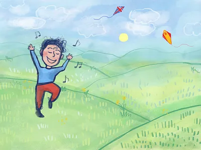 Illustration for language school chilren digital illustration english happy hills illustration joy kate kid language learn meadow music nature school sky