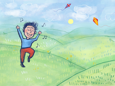 Illustration for language school chilren digital illustration english happy hills illustration joy kate kid language learn meadow music nature school sky