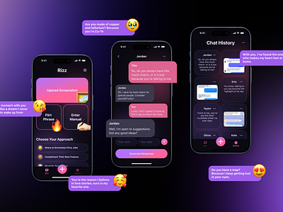 Rizz Ai: The Ultimate Flirting Companion aichat aicompanion aiflirt appdesign chatbot creativedesign datingapp flirtingapp flirtwithai innovativedesign loveapp mobileapp rizzai romanticai ui userexperience uxuidesign