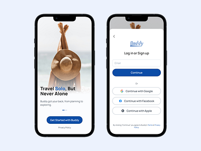 Buddy -onboarding screen authentication logo mobile app onboarding page product design solo travel travel ui ux