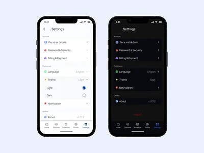 Settings Mobile app design page (Light and dark mode) dark mode design light mode logo mobile app product design settings theme ui ux