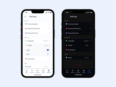 Buddy -Settings dark mode design light mode logo mobile app product design settings theme ui ux