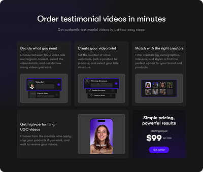 Bento box - testimonial video bento box black dark dark mode figma landing page purple ui ux web design