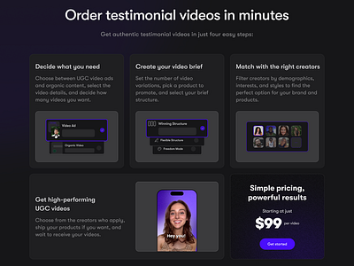 Bento box - testimonial video bento box black dark dark mode figma landing page purple ui ux web design