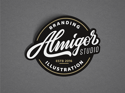 Almigor almigor badge branding caligrafy design font graphic design icon icon set illustration letters logo mocup sticker studio typo vector