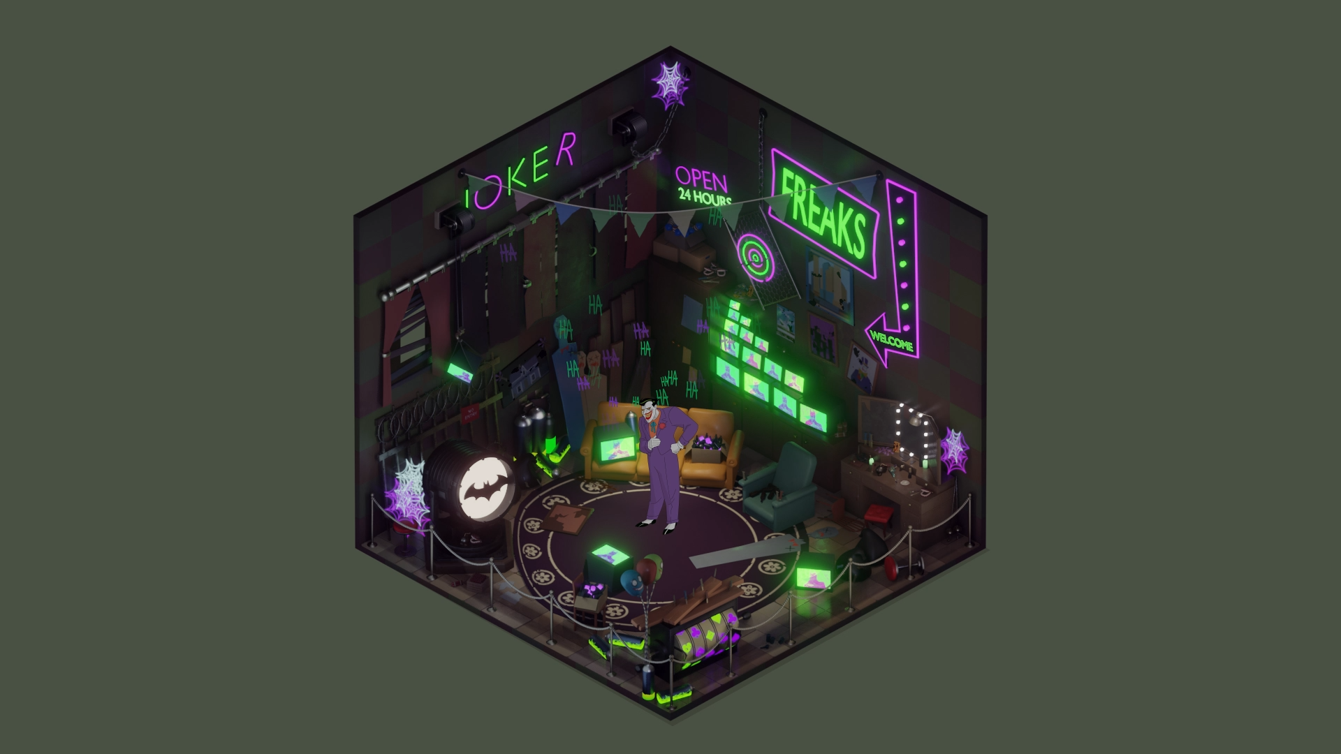 Batman Fan Art: The Joker's Lair | 3D Animation 3d animation batman batman: the animated series blender btas clown dark dc comics eevee isometric joker motion graphics room villain