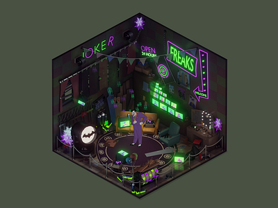 Joker Room Fan Art (Animated) 3d animation batman batman: the animated series btas clown dark dc comics isometric joker motion graphics room villain