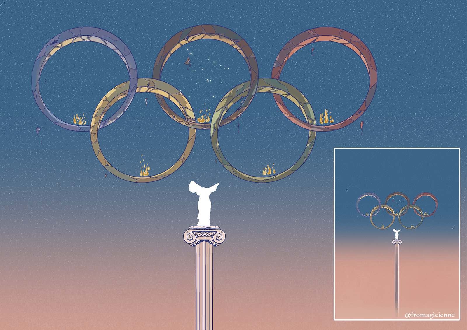 Olympic Games Paris 2024 athena colorfullart comicbookart coverart digitalart digitalartwork digitalillustration drawing editorial editorialillustration ethereal illustratedposter illustration labelart lineart olympicgames olympicrings paris2024 sport