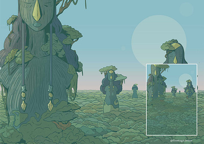 Old Gods adventure animationbackground comics digitalart digitalillustration editorialart ethereal fantasy gods green illustration nature posterart statue