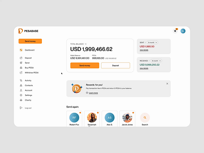 Pesabase / web app account balance banking banner dashboard design details interaction interactive design money transfer notifications popup profile remittance send money transaction ui uiux web app webdesign