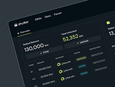 Shutter Staker → Overview blockchain dashboard design graphic design list overview platform rewards tokens trade ui web3