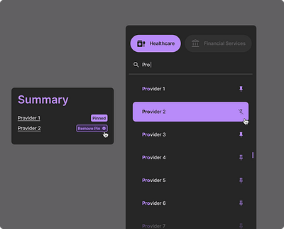 Tab Navigation UI: Streamlined Search and Pin Management accessibility auto suggest black card design dark dark mode dark ui financial services healthcare list items modal design pin pin management pins purple tab navigation ui ui design patterns