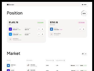 Slender: Home Page bitcoin borrow borrowing coin crypto dapp dashboard dex ethereum lend lending position token web3 website website design