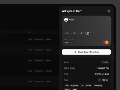 Card Information / Side drawer / Dark app card information clean dark mode finance payment reveal information side bar sidedrawer ui ux