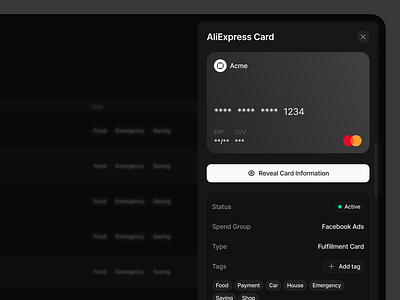 Card Information / Side drawer / Dark app card information clean dark mode finance payment reveal information side bar sidedrawer ui ux