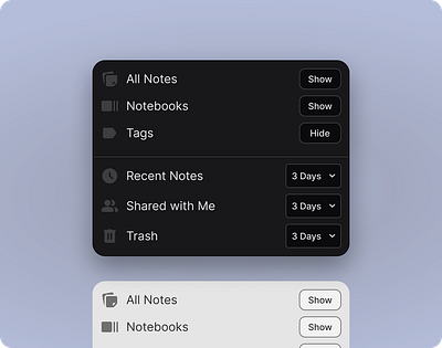 Notes Modal Popup UI: Manage Settings from the Dashboard black dark dark mode dropdown light light mode lite mode modal design popup settings ui ui white