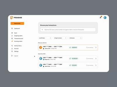 Pesabase / agent's account / chat account agent blockchain chat confirm design details finance money transfer popup remittance send flow send money sidebar startup transaction ui uxui web app