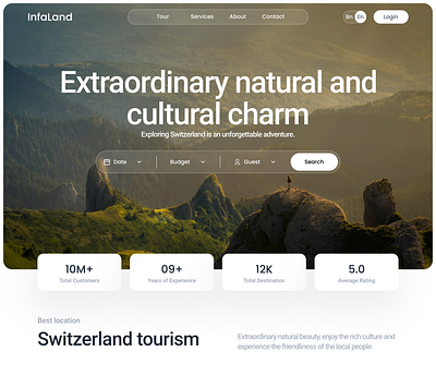 InfaLand hero section design bitcoin booking clean design destination discover hero section hotel landing page resorts saas ticket tourism travel ui ui design uiux villa web design website website design