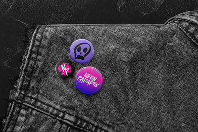 Cyberpunk EDM Rockband Merch Pins branding cyberpunk design edgy edm graphic design merch mockup pins purple and pink rockband skull swag