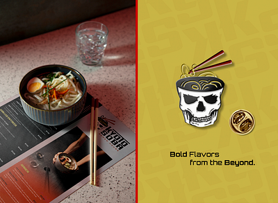 Ramen Restaurant Menu and Pin Merch branding design edgy graphic design menu merch noodles pin ramen restaurant brand skull