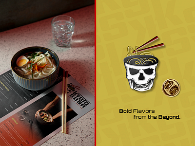 Ramen Restaurant Menu and Pin Merch branding design edgy graphic design menu merch noodles pin ramen restaurant brand skull