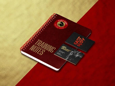 Boxing Gym Training Notebook and Business Cards boxing gym branding business cards design edgy fitness graphic design mma club mockup notebook red and gold