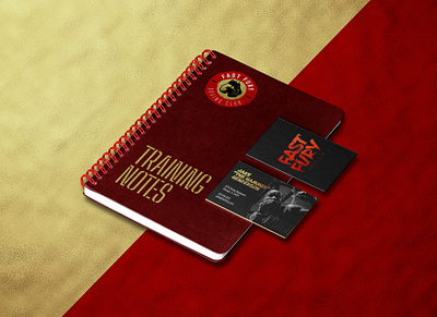 Boxing Gym Training Notebook and Business Cards boxing gym branding business cards design edgy fitness graphic design mma club mockup notebook red and gold