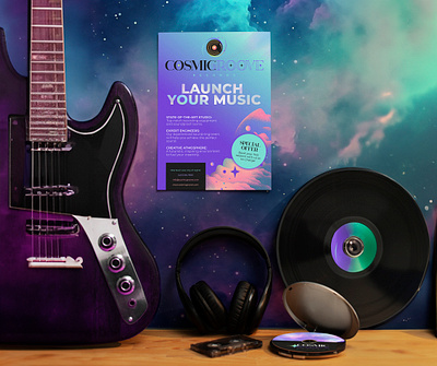 Cosmic Record Label Poster and CD branding cosmic design galactic graphic design mockup music label musician poster record label space vinyl record